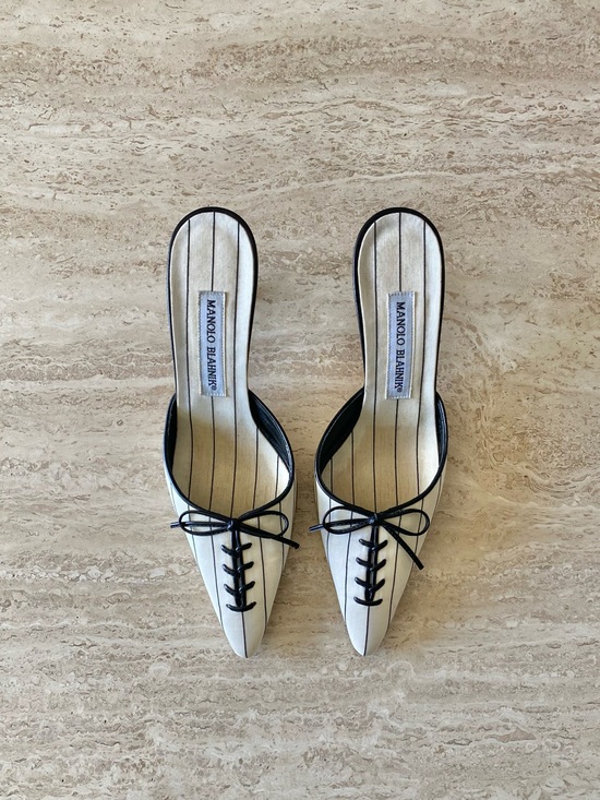Manolo Blahnik Shoes - Vintage Manolo Blahnik Pinstripe Bow Mule Heels